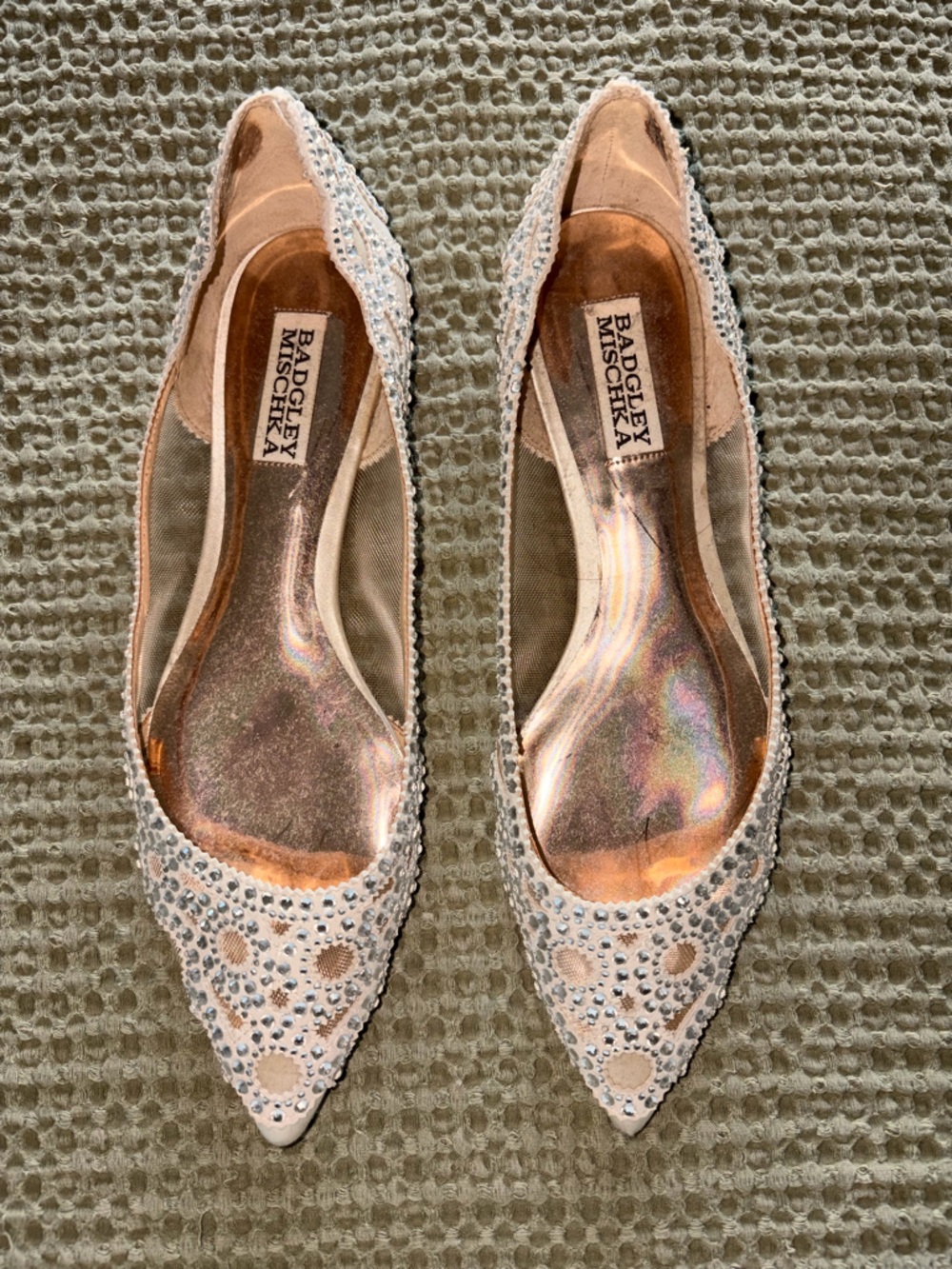 Badgley Mischka Ivory Crystal-Embellished Pointed Toe Flats